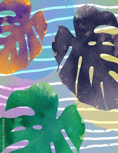 Tropical summer sea pattern with leaves. Blue striped background with watercolor tropical monstera leaves