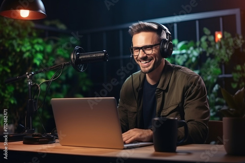 Man podcaster influencer blogger smiling while broadcasting his live audio podcast in studio using headphones, laptop and headphones. Male radio host making podcast or interview 