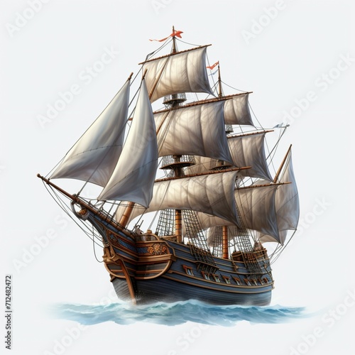 Old ship, floating on water, digital imaging, renaissance, sailing ship, white background, game illustration, highly detailed illustration,