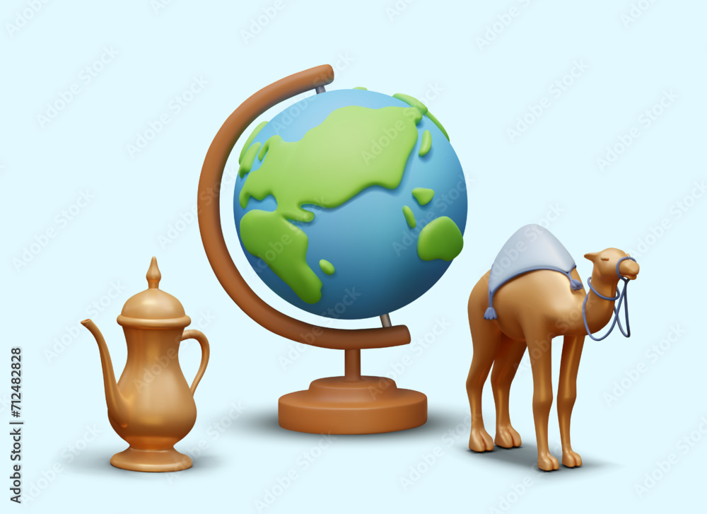 Realistic globe, camel, Arab teapot. Concept of travel to eastern countries. Familiarity with Arab culture and cuisine. Poster for advertising in social networks Realistic globe, camel, Arab teapot. Concept of travel to eastern countries. Familiarity with Arab culture and cuisine. Poster for advertising in social networks
