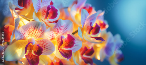 close-up of orchid flowers with bright yellow backlight