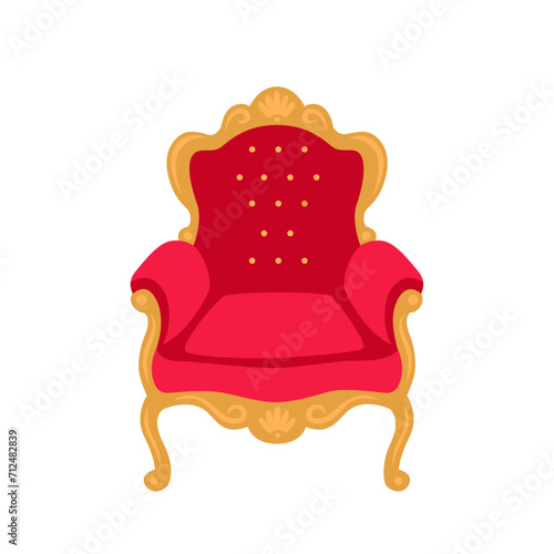 Red Vintage throne.  Royal armchair. Golden throne chair for decoration business card,  Vector flat illustration
