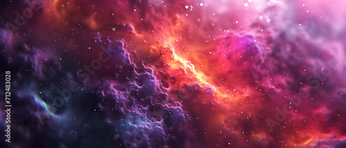 Vibrant magenta and purple clouds swirl amidst a cosmic backdrop of stars and nebula, embodying the awe-inspiring colorfulness of the universe