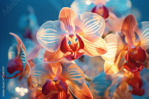 close-up of orchid flowers with neon lighting 