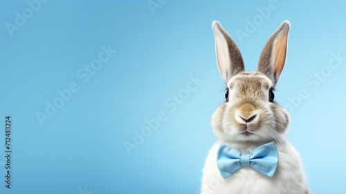 Close up short of a delightful, white-colored smiling rabbit or bunny, wearing an yellow bow tie, stands alone with ample room for an Easter-themed. 3D rendering design illustration. © BananaBee