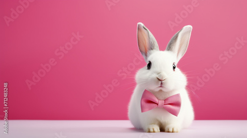 Close up short of a delightful, white-colored smiling rabbit or bunny, wearing an yellow bow tie, stands alone with ample room for an Easter-themed. 3D rendering design illustration.