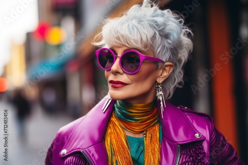 Fashionable woman with short hair wearing sunglasses on the street.