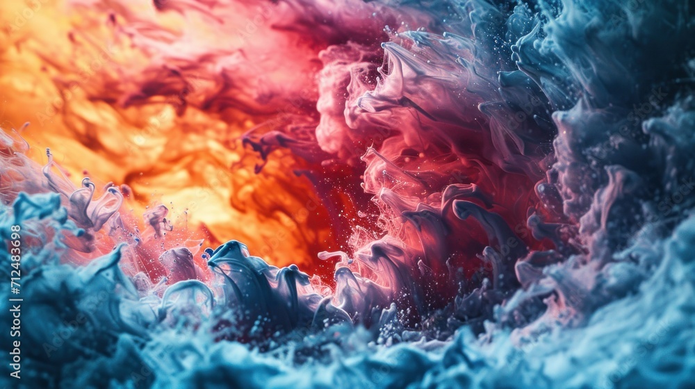 Vibrant abstract ink explosion in water creating a dynamic artwork. Vivid colors blend in abstract, fluid motion.