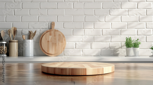 Empty wooden pedestal on kitchen table before white brick wall, 4K, Mock up, podium wooden, 3D background, beige podium display