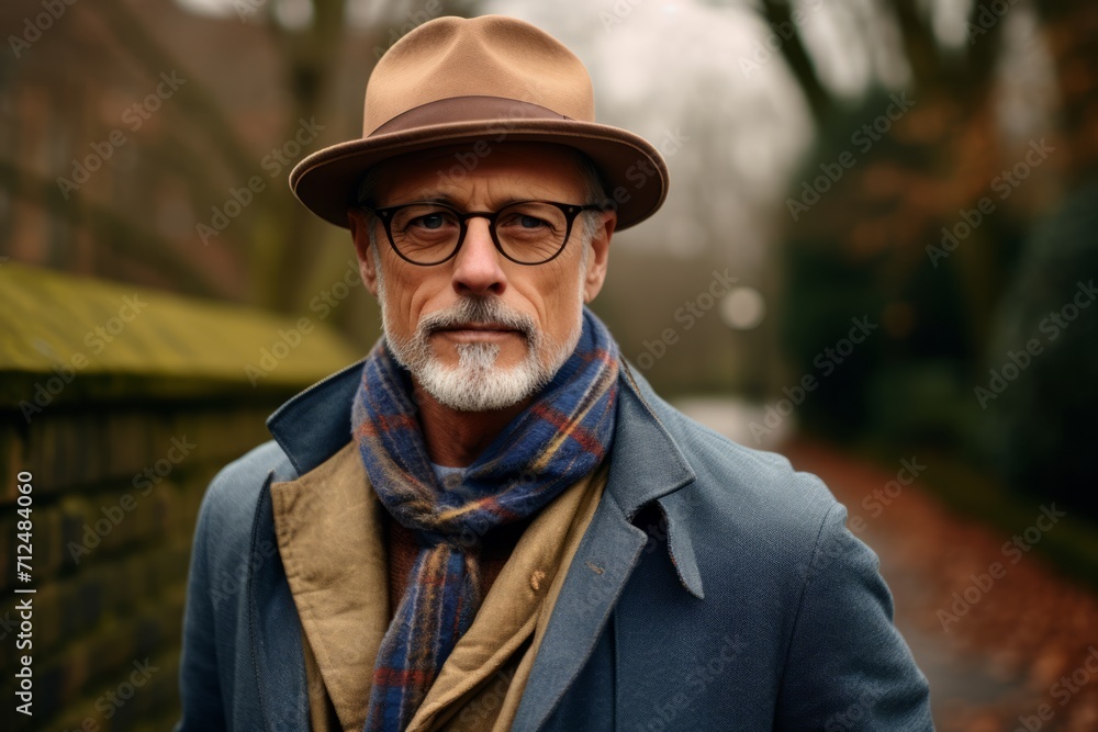 Portrait of a senior man with grey beard wearing a hat and coat. Portrait of a senior man with grey beard wearing a hat and coat.