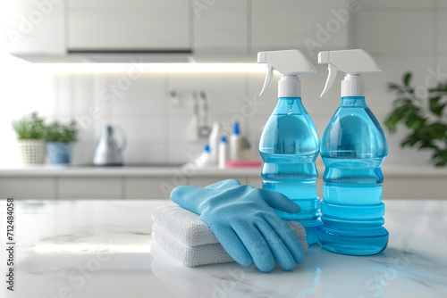 Cleaning the house. blue bottles with detergents, cleaning gloves and towels stand on the kitchen table