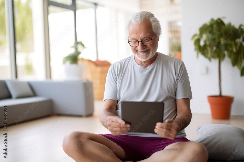 Man Sitting on Floor Using Tablet, Technology, Leisure, Comfort, Modern Living Man Sitting on Floor Using Tablet, Technology, Leisure, Comfort, Modern Living