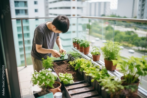 A Man Tending to Plants on a Balcony