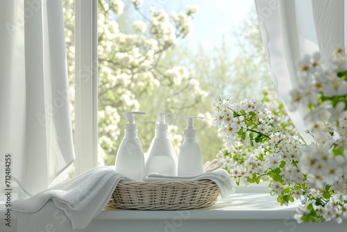 Cleaning the house. pink bottles with detergents and towels stand on the windowsill