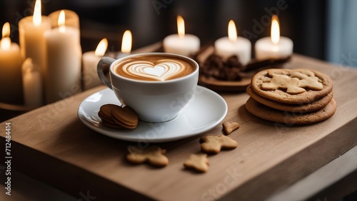 cup of coffee and cookies A heart shaped latte art on a white coffee cup. The cup is placed on a wood tab with some candles 