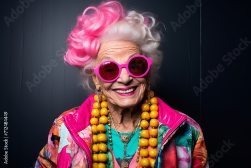 Portrait of a smiling senior woman with pink hair and colorful sunglasses.