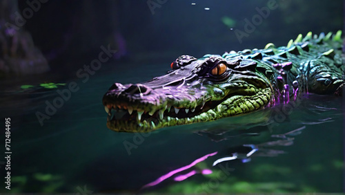 A crocodile in the river in the middle of the jungle.