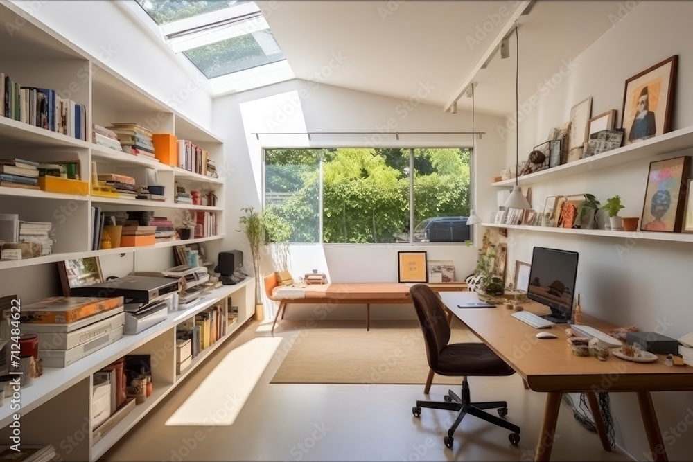 Room With Desk, Shelves, and Computer, A Functional Workspace for Productivity Room With Desk, Shelves, and Computer, A Functional Workspace for Productivity