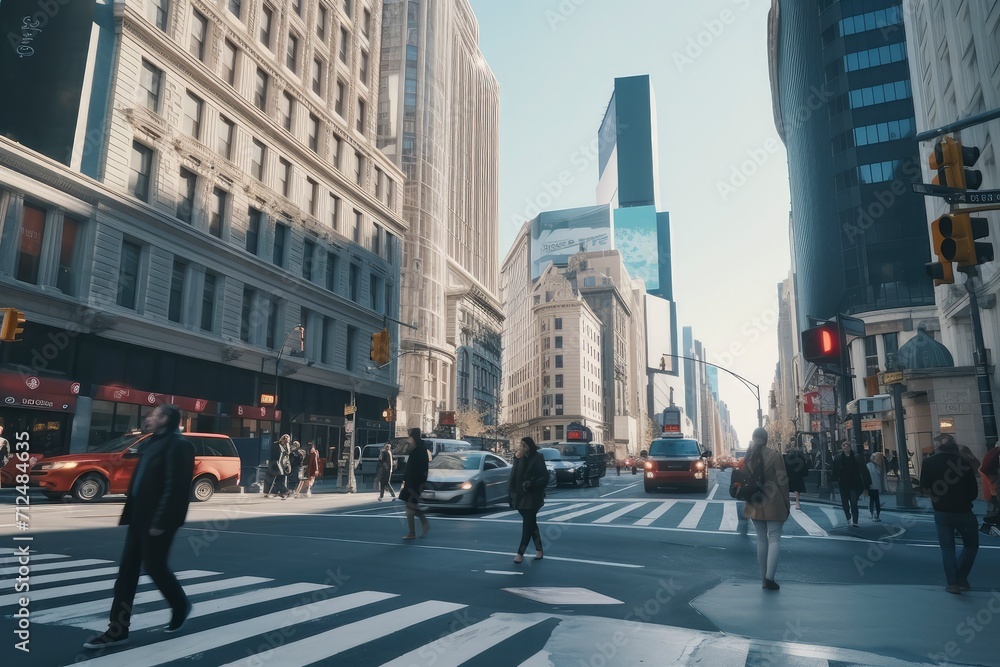 Fototapeta premium Bustling City Street With Towering Skyscrapers and Urban Energy