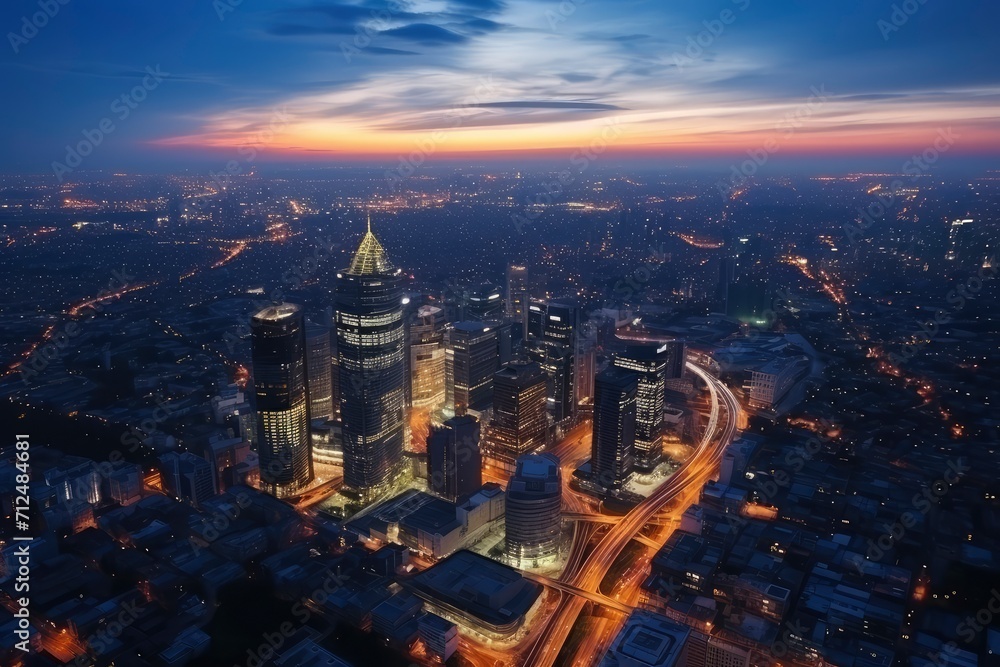 Aerial View of City at Night, Dazzling Lights Illuminate Urban Landscape