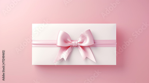 Card, gift and present with bow on pink background for purchase, online shopping or discount. Bow, ribbon, white coupon for discount, sale, special surprise voucher. © ReneBot/Peopleimages - AI