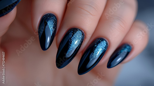 Glamour the woman's hand with classic black nail polish on her fingernails. Red nail manicure with gel polish at a luxury beauty salon. Nail art and design. Female hand model. French manicure.AI image photo