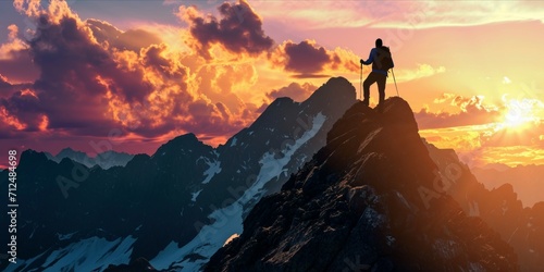 Silhouette of a man on the top of a mountain. sunset sunrise view #712484698