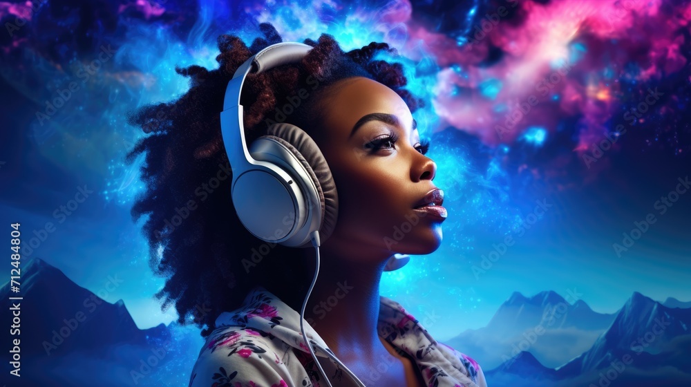 Stylish fashion african american teenager model wearing headphones listening dj music dancing in purple neon lights. Young teen girl enjoy cool music Stylish fashion african american teenager model wearing headphones listening dj music dancing in purple neon lights. Young teen girl enjoy cool music