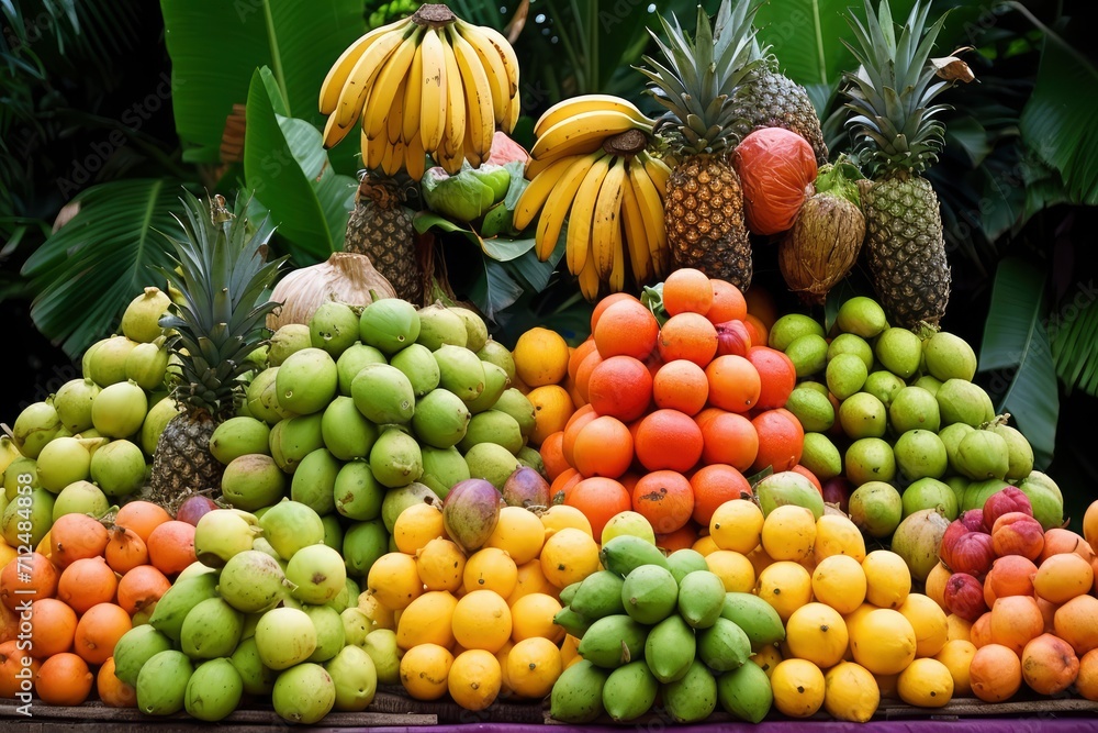 Assorted Fruits Piled on a Table, Fresh Produce Arrangement With Bananas, Apples, Oranges, and Grapes Assorted Fruits Piled on a Table, Fresh Produce Arrangement With Bananas, Apples, Oranges, and Grapes