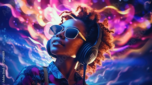 Stylish fashion african american teenager model wearing headphones listening dj music dancing in purple neon lights. Young teen girl enjoy cool music