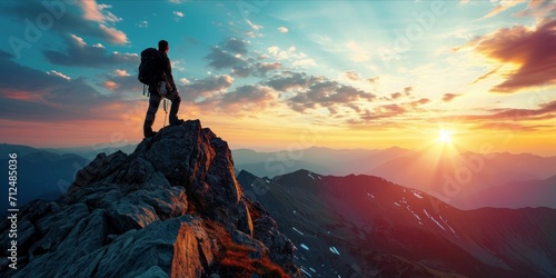 Silhouette of a man on the top of a mountain.Tourist man hiker on top of the mountain. Active life concept, sunset sunrise view