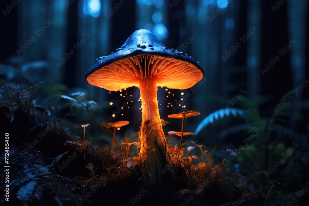Fototapeta premium Mystical fly agarics glow in a mysterious dark forest. Fairytale background for Halloween.