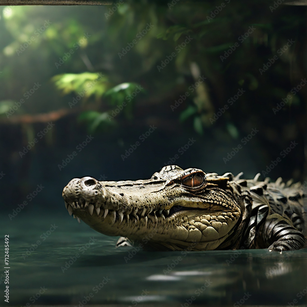 Obraz premium A crocodile in the river in the middle of the jungle.