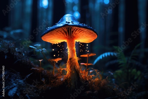 Mystical fly agarics glow in a mysterious dark forest. Fairytale background for Halloween.