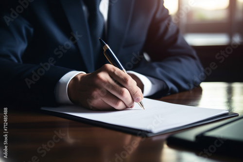Mature businessman signs documents with a pen making the signature sitting at the desk 
