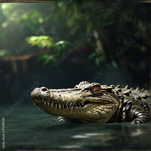 A crocodile in the river in the middle of the jungle.