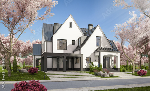 Canvas Print 3d rendering of cute cozy white and black modern Tudor style house with parking  and pool for sale or rent