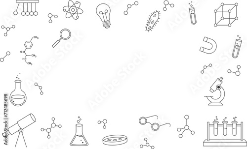 Science web banner line icon set. Chemistry laboratory poster, book cover for studying. Back to school poster. High quality vector illustration.