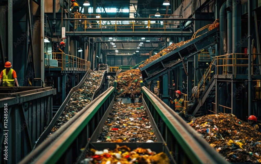 A large-scale food waste composting operation, featuring conveyor belts, and compost piles overseeing the recycling process