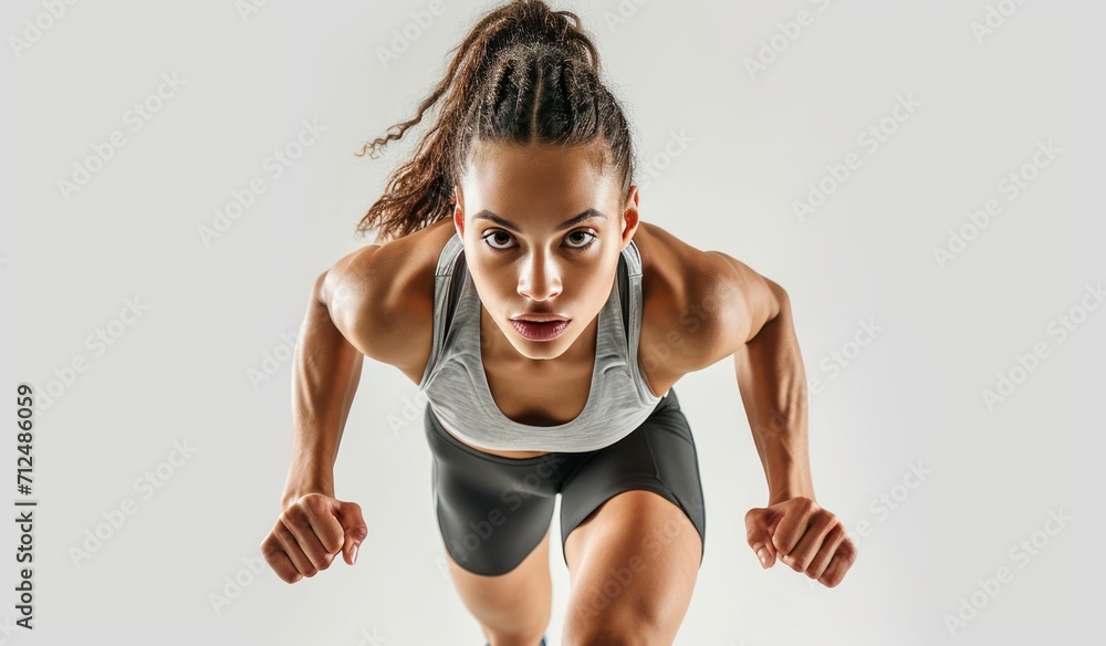 Confident female athlete ready for running pose on white background. - obrazy, fototapety, plakaty 