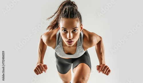 Confident female athlete ready for running pose on white background. photo