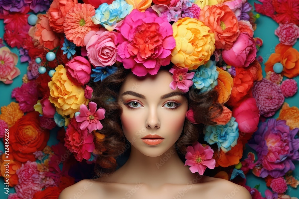 Spring woman. Beauty model girl with a bright floral wreath and bright hair. Flower hairstyle. Beautiful lady with blooming flowers on her head. Festive fashionable makeup.