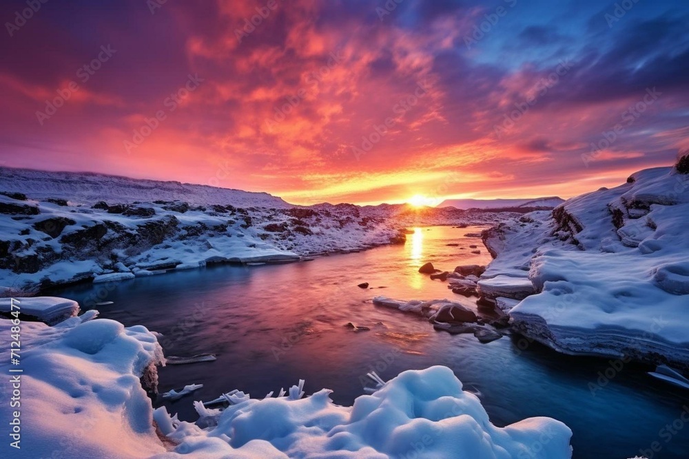 Beautiful scenic winter sunset in Iceland. Generative AI