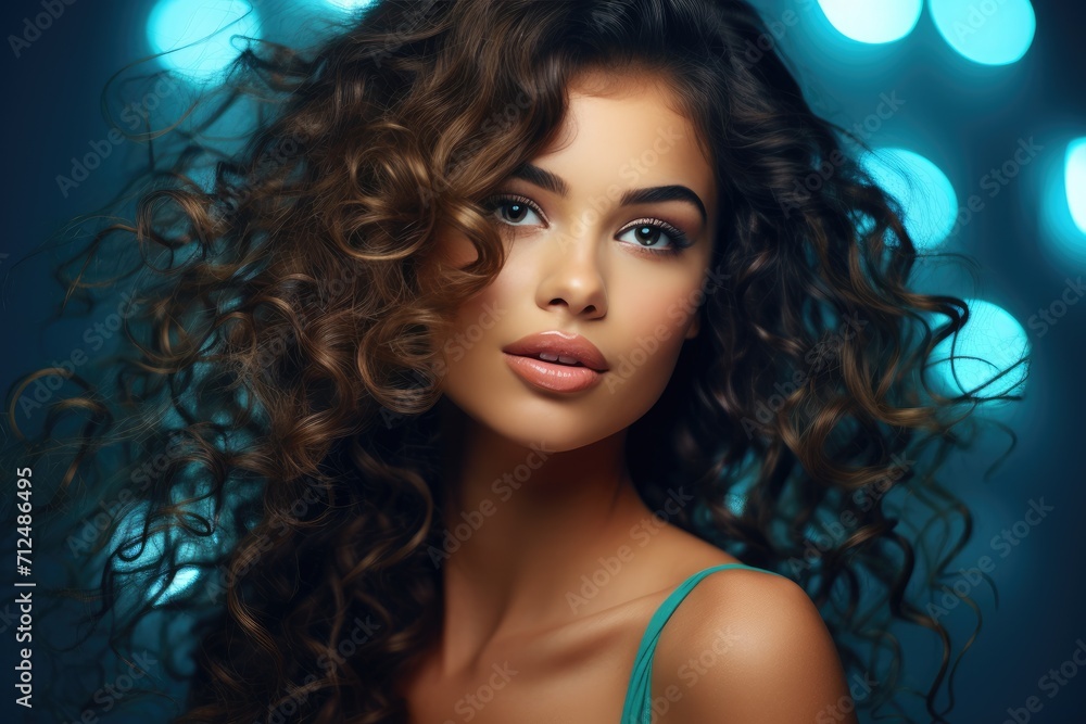 Fototapeta premium Cheerful girl with red lips and snow-white smile looks into camera on blue background. Portrait of cute curly lady in yellow top with long sleeves and jeans