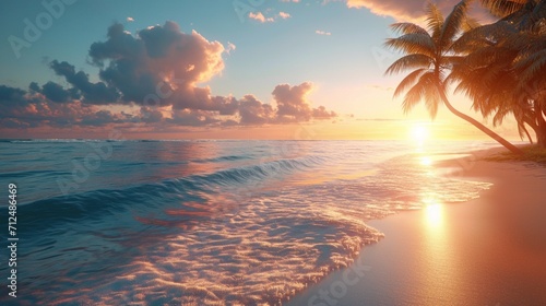 Sunlight kissing the waves as they gently caress a secluded beach, where palm trees sway in harmony with the ocean breeze under a cloudless sky. photo