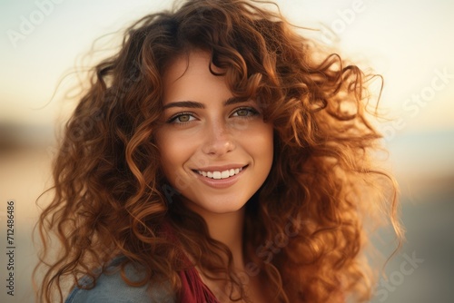 Cheerful girl with red lips and snow-white smile looks into camera on blue background. Portrait of cute curly lady in yellow top with long sleeves and jeans