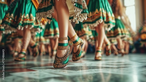 Several dancers perform a traditional Irish dance in honor of St. Patrick's Day. The emphasis is on the dancers' feet