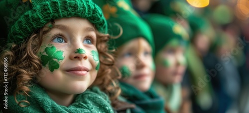 child is dressed in a festive green outfit, with a shamrock - the symbol of St. Patrick's Day - painted on his cheek.