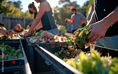 A food waste recycling initiative, featuring people depositing kitchen scraps into dedicated bins for composting