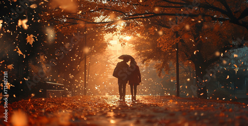 Couple walking in the autumn park at sunset. Love concept.